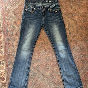 Y2K Miss Me Dark Blue Boot Cut Jeans with Embellished Pockets